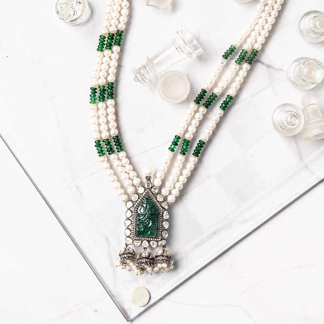 Selenite Polki emerald Necklace