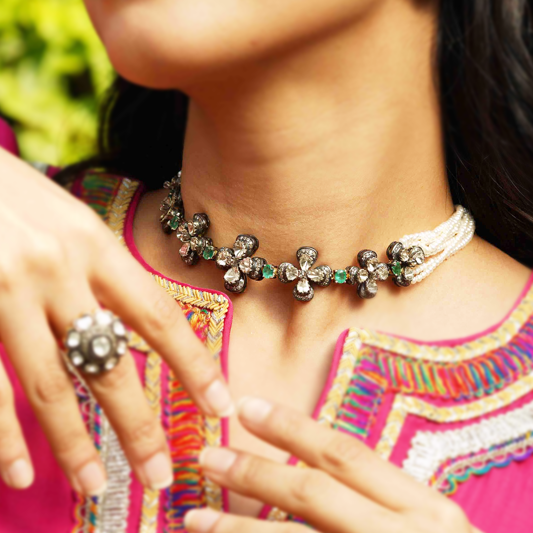 Flower Blossom Polki emerald Necklace