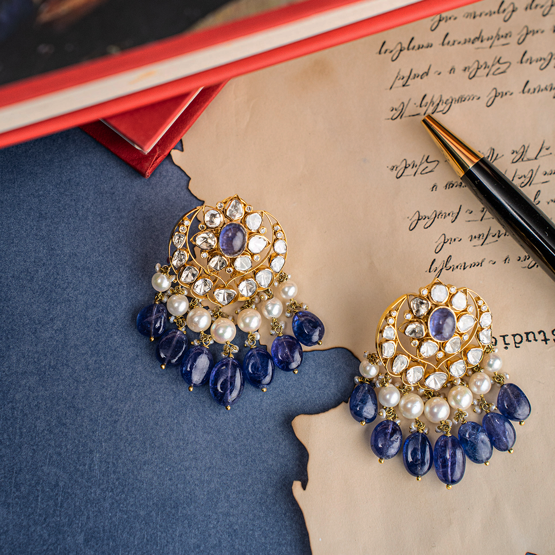 Tanzanite Polki Chand Earrings