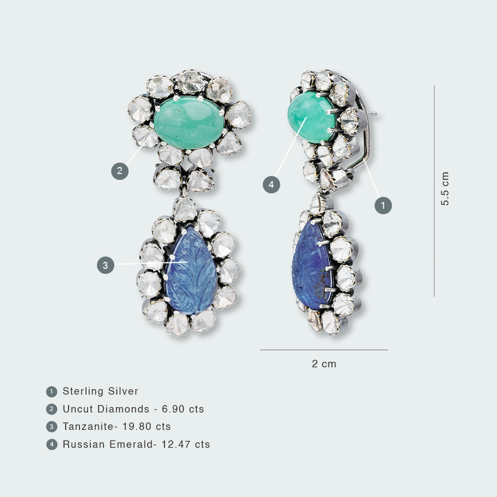 Floral Flow Polki Tanzanite Emerald Earrings