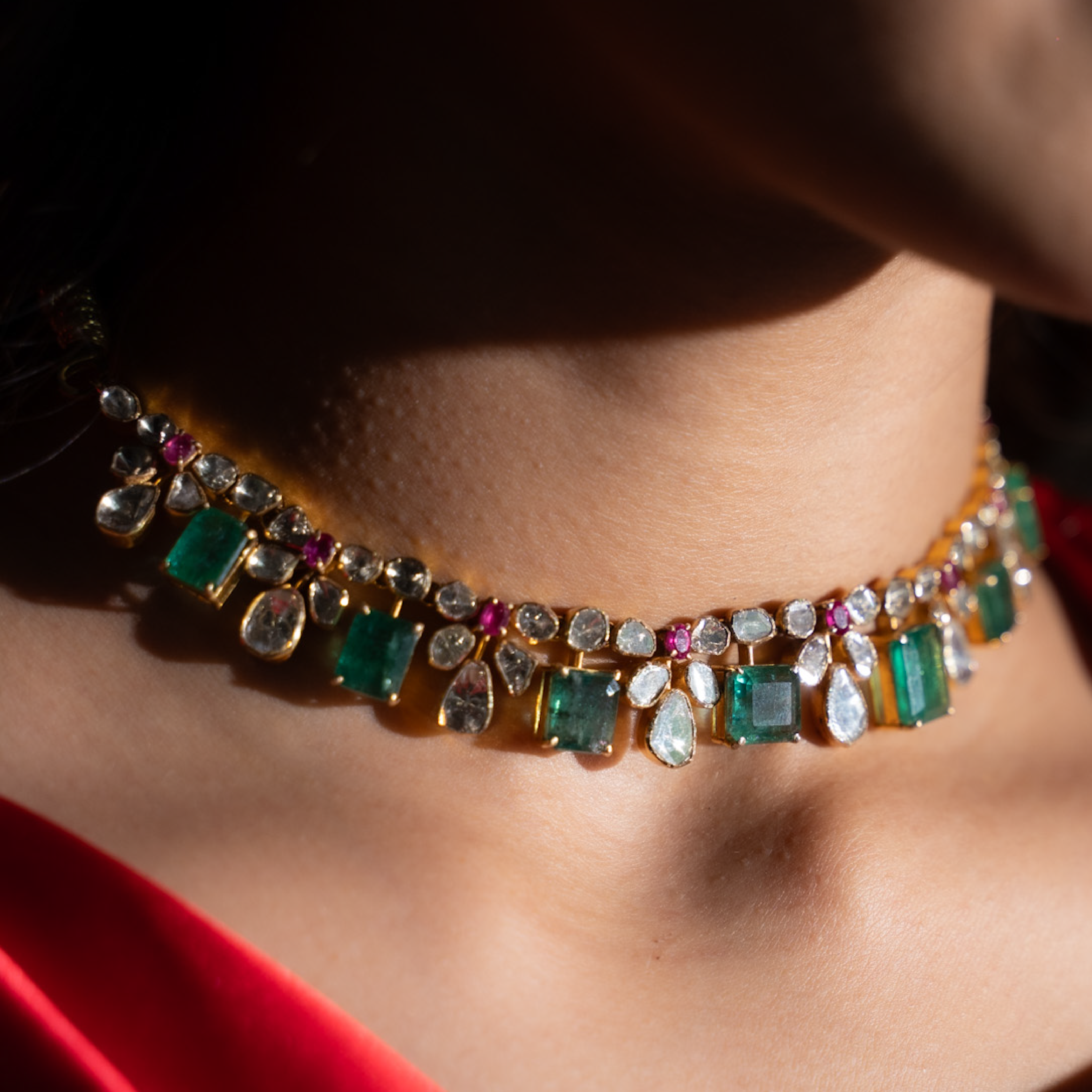 Nyaan Ruby Zambian Emerald Polki Necklace