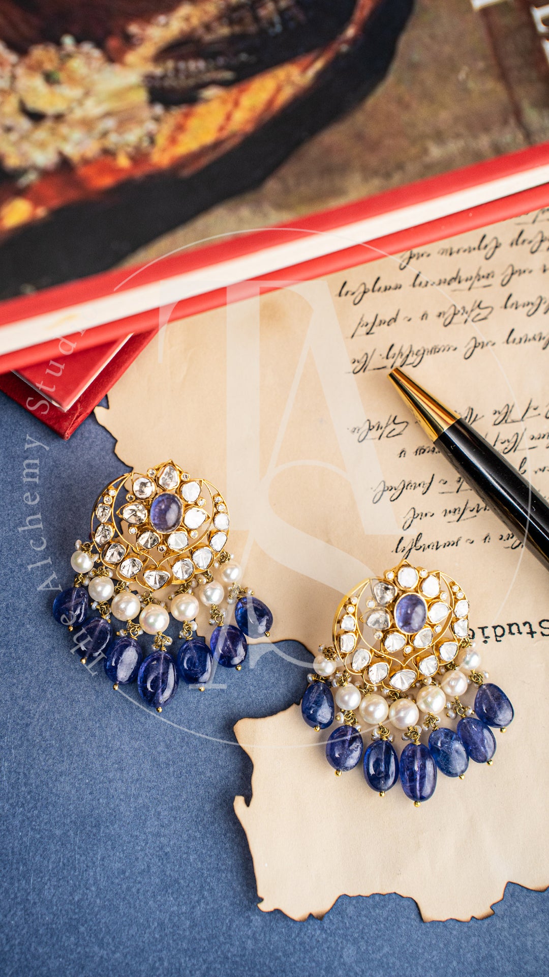 Uncut Diamond and Tanzanite Chand Earrings