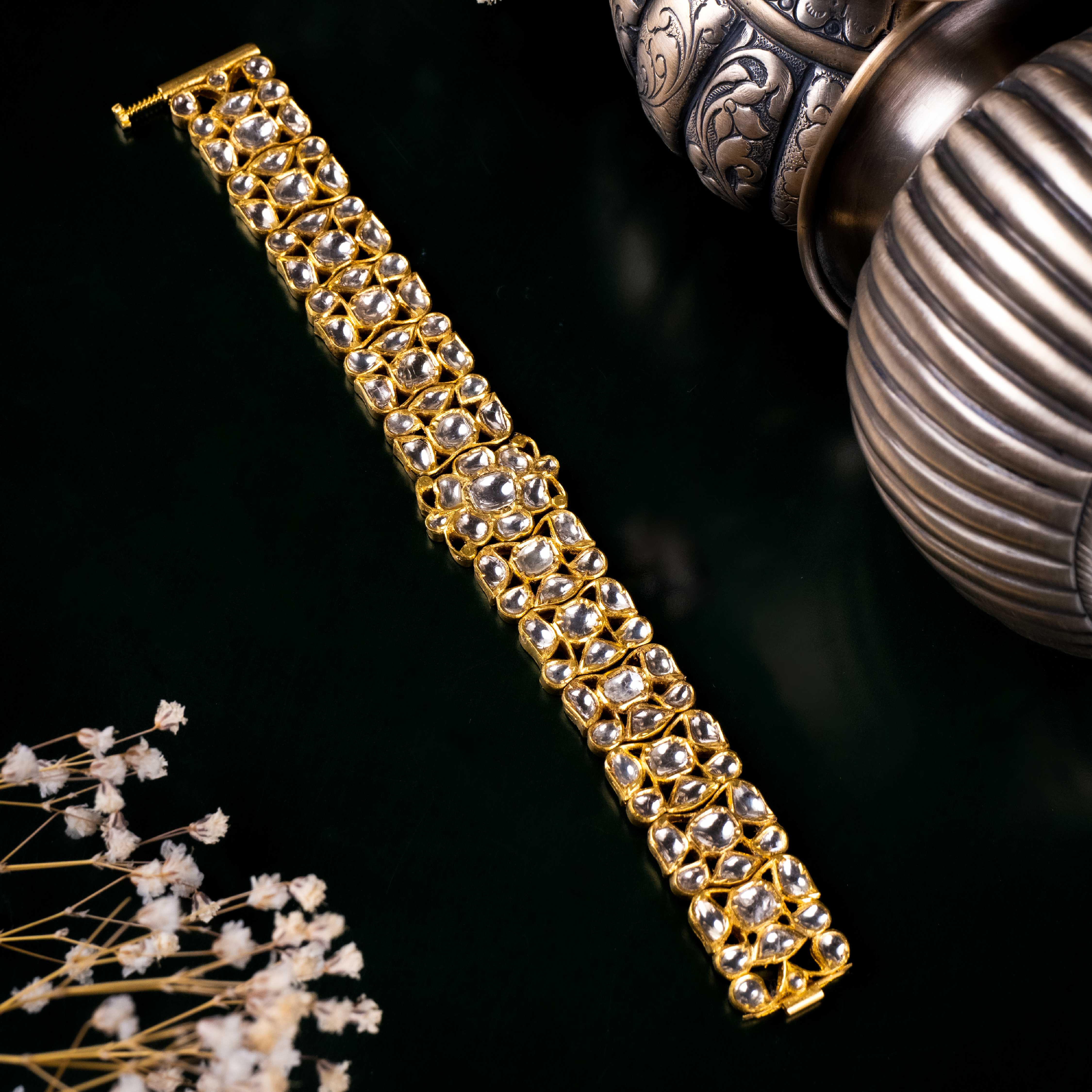 Polki diamond gold bracelet, handcrafted luxury heritage jewellery India