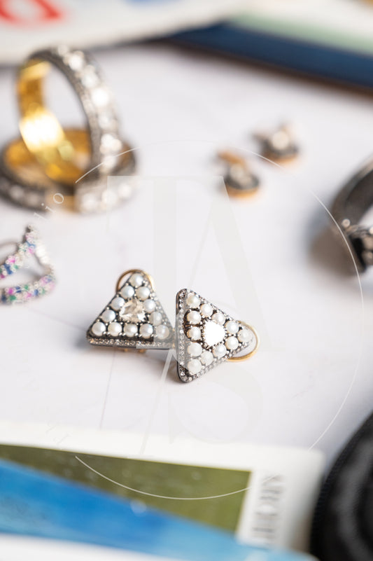 Allete Pearl and Uncut Diamond Triangle Earrings