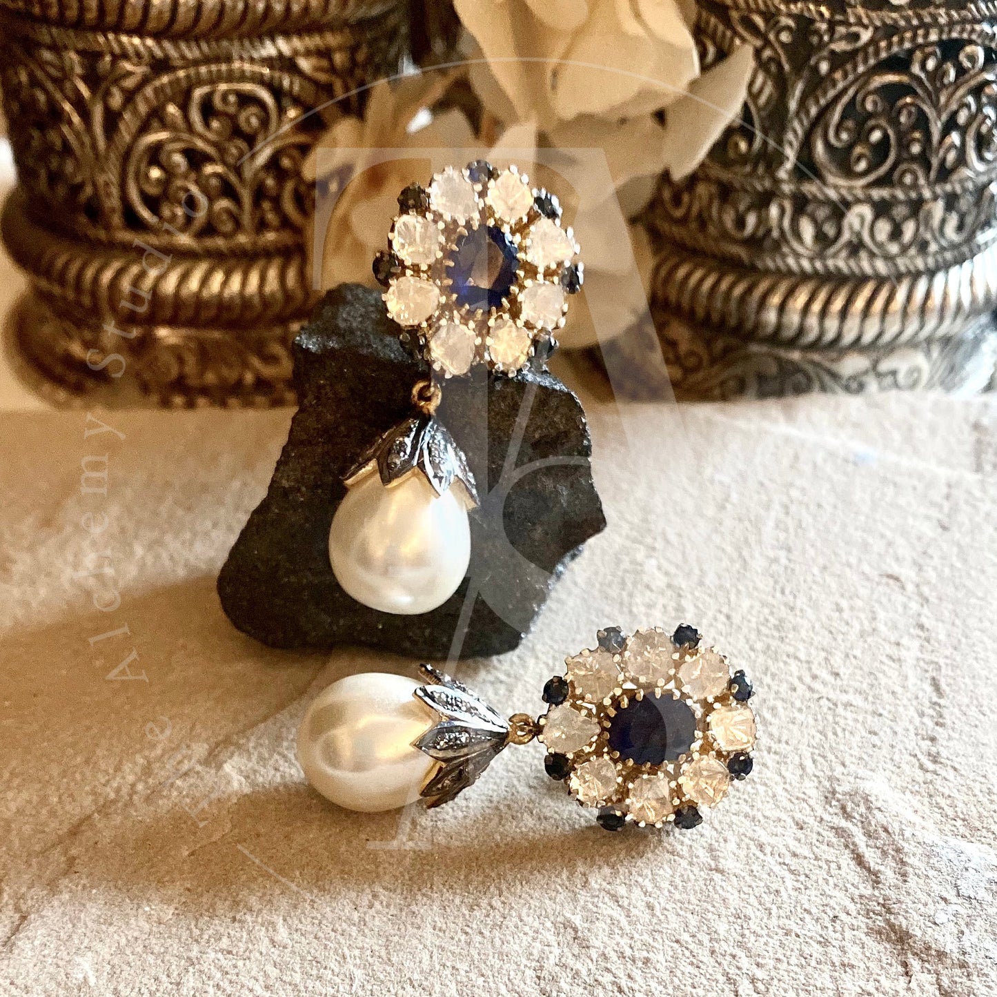 TAS Signature Sapphire Flower Uncut Diamond Earrings