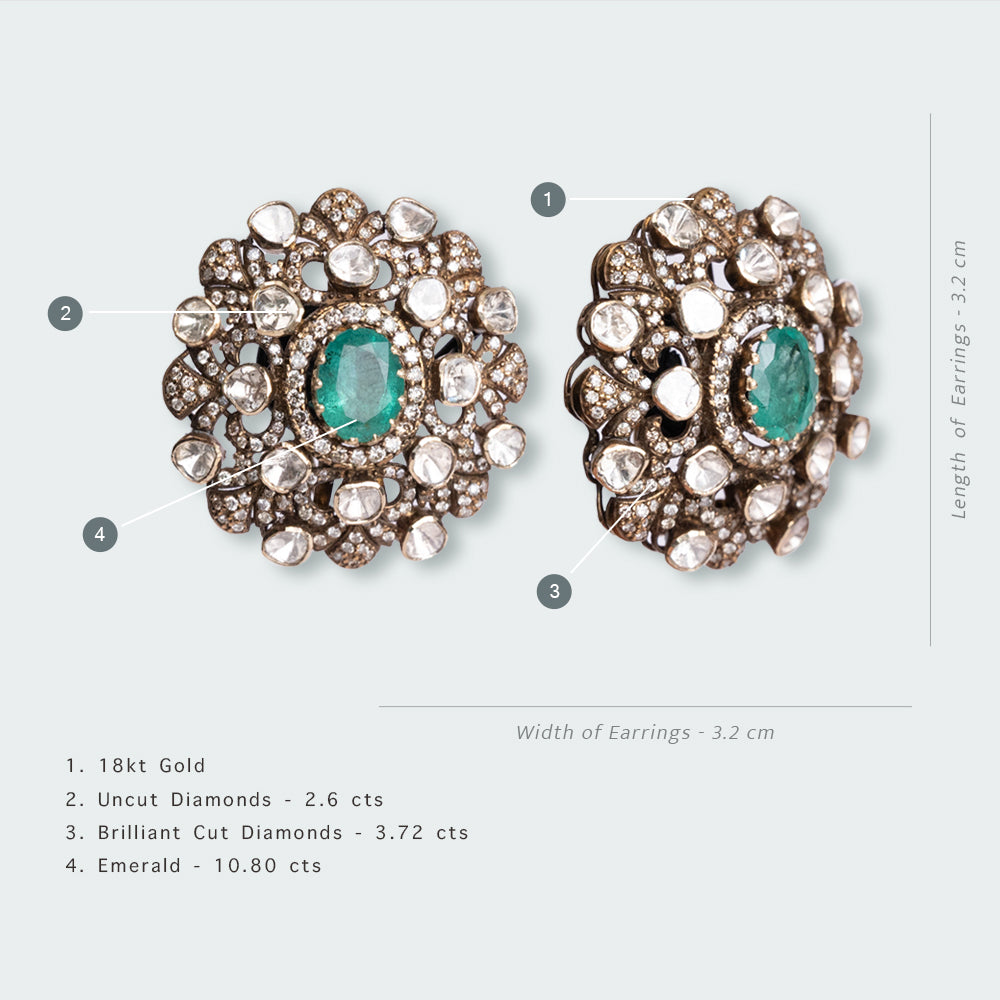 Victorian Uncut Diamond and Emerald Oversized Studs