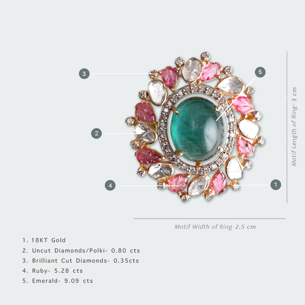 Ekiza Emerald Ruby Polki Ring (Detachable Pendant)
