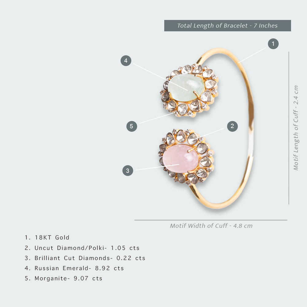 Jeahh Morganite and Russian Emerald Flower Cuff with Uncut Diamonds