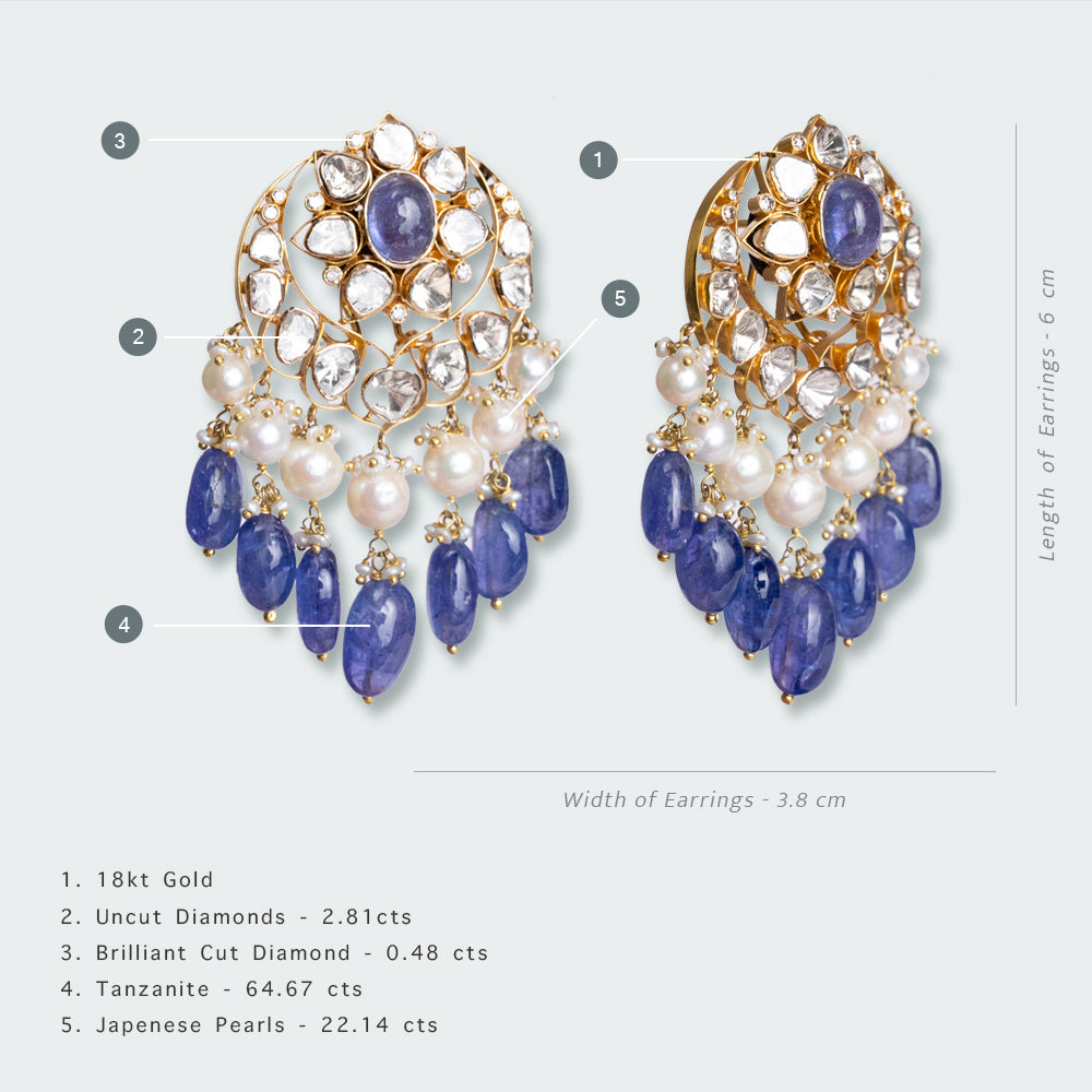 Uncut Diamond and Tanzanite Chand Earrings