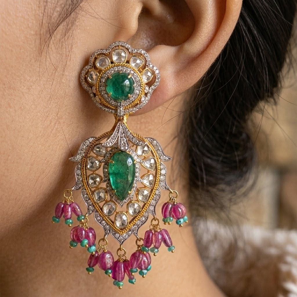 Zahra Polki Carved Emerald Tourmaline Earrings