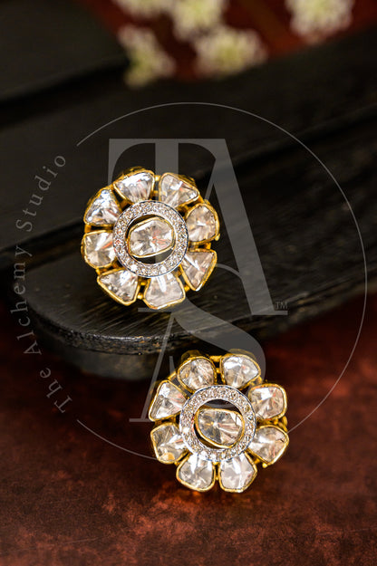 18kt Gold Zai Uncut Diamond and Diamond Flower Earrings