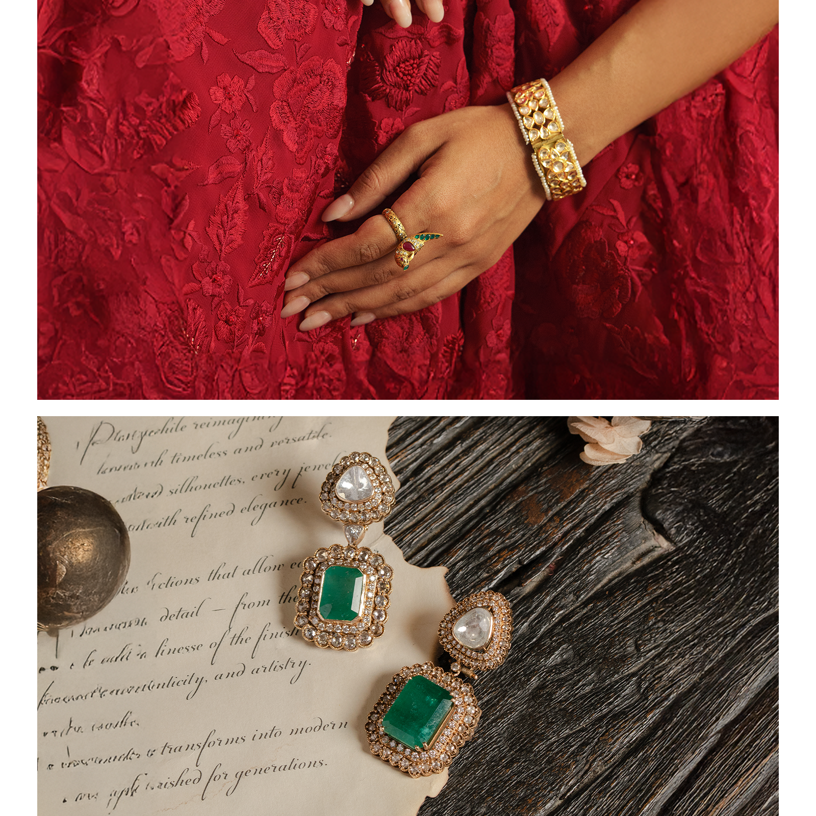 A pair of striking emerald and polki diamond drop earrings featuring large rectangular emerald cabochons with double diamond halos, suspended from triangular polki diamond studs.
Close-up of a hand resting against red floral embroidery, wearing a unique gold bird-motif wrap ring set with rubies and emeralds, paired with a wide gold Polki diamond bangle finished with delicate pearl-strand borders.