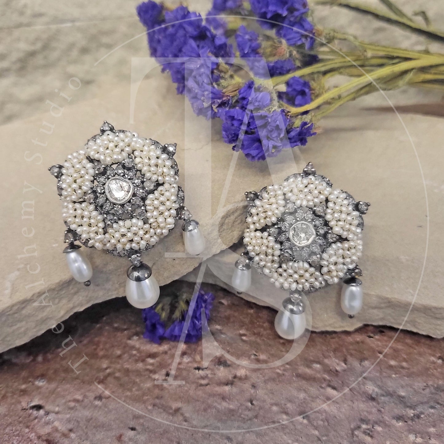 Woven Star Rose Cuts Diamond Pearl Drop Earrings