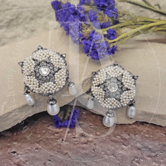 Woven Star Rose Cut Diamond Pearl Drop Earrings