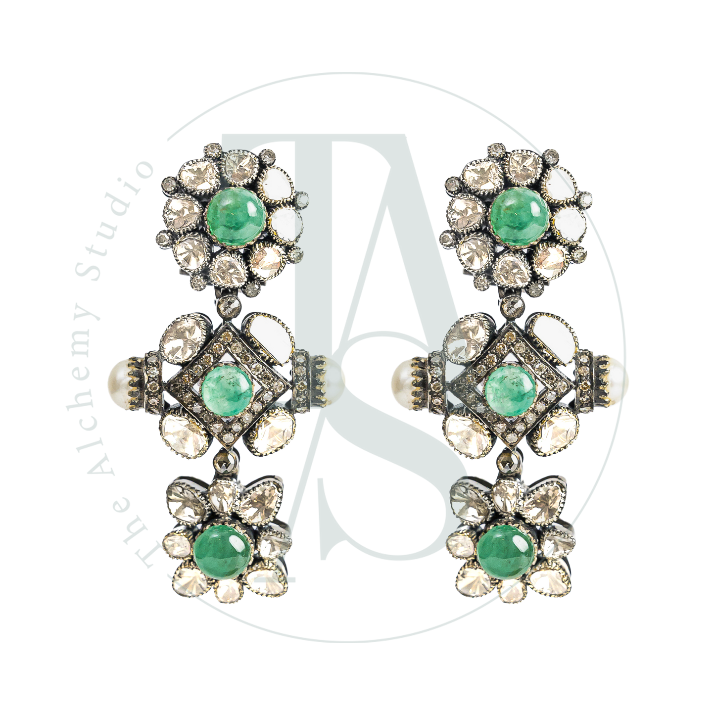 Inika Asymmetric Emerald and Uncut Diamond Earrings