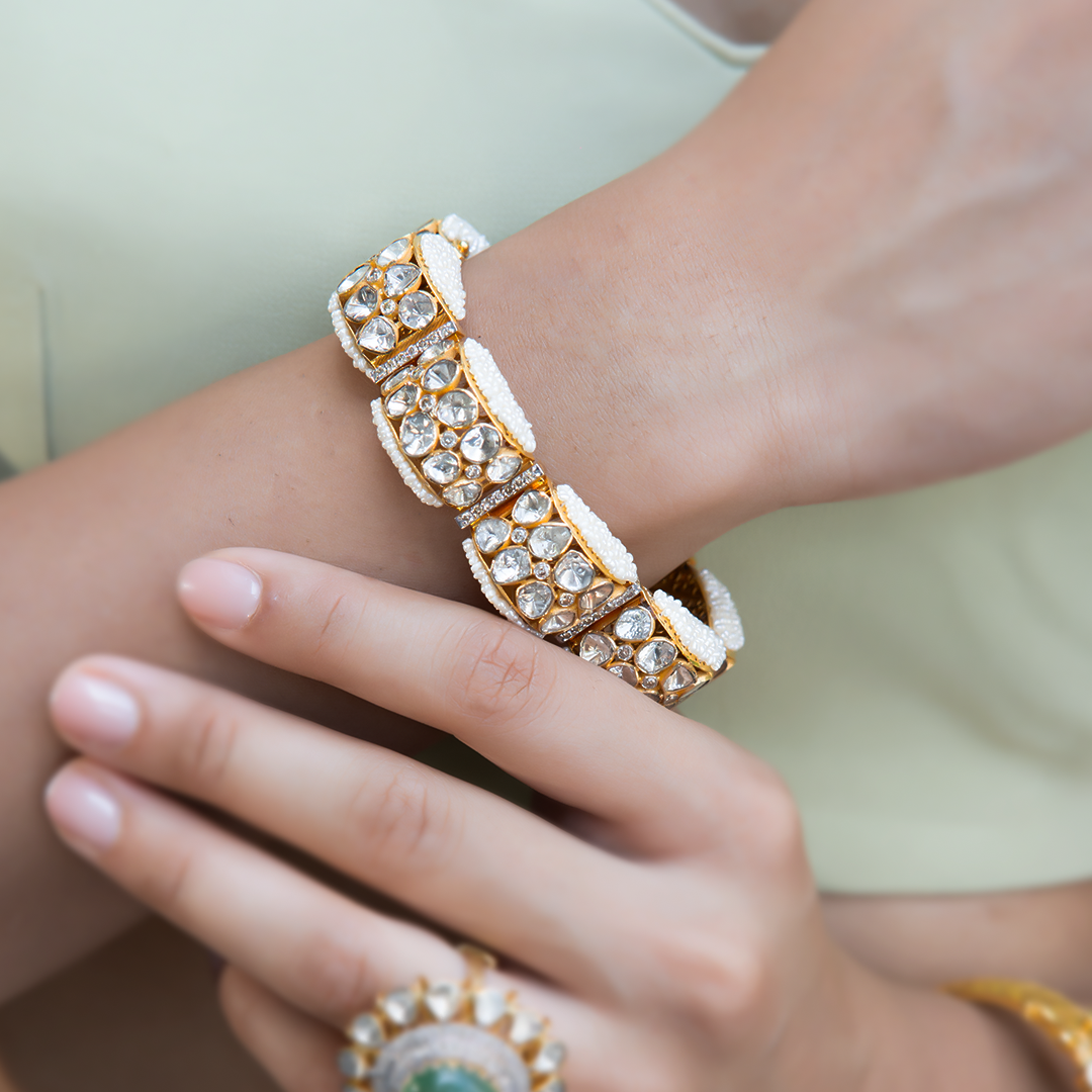 Polki uncut diamond gold bangles, artisanal handcrafted heritage jewellery, luxury Indian fine bracelets