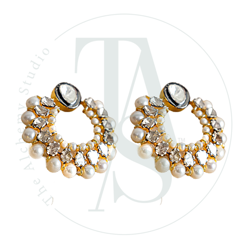 Woven Pearl Uncut Diamond Hoops