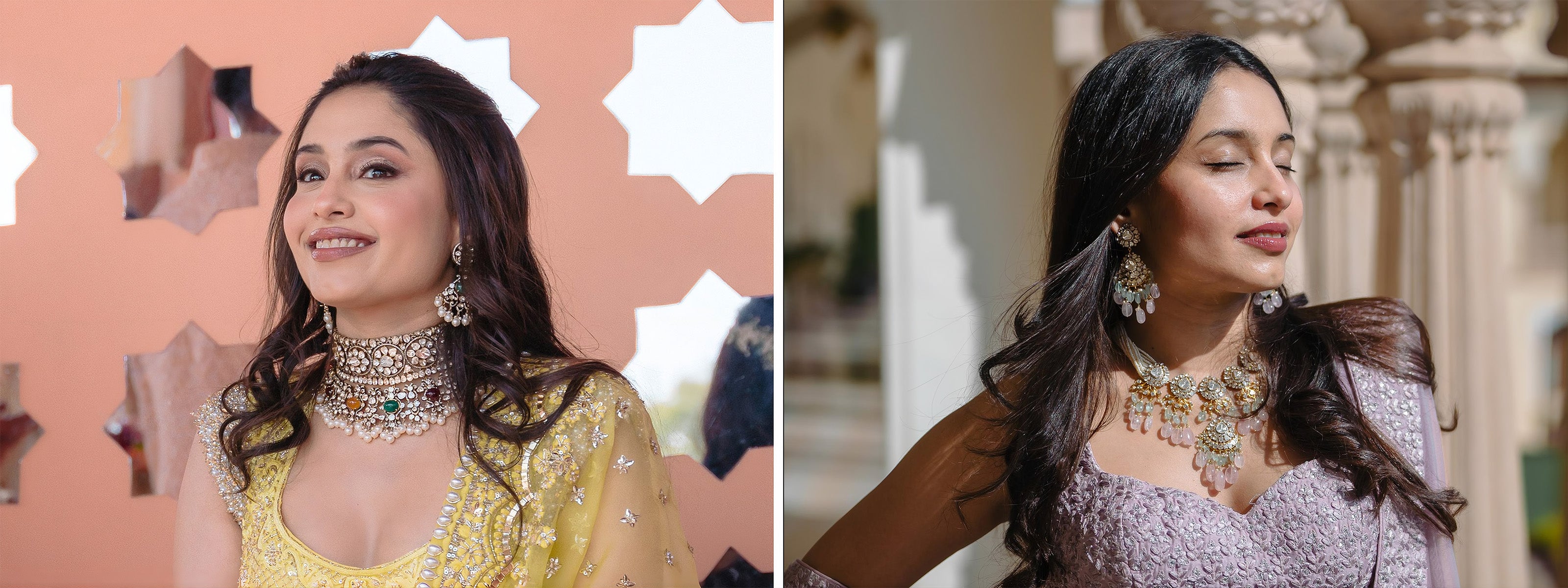 Two images of a woman wearing traditional jewelry against different backgrounds in india