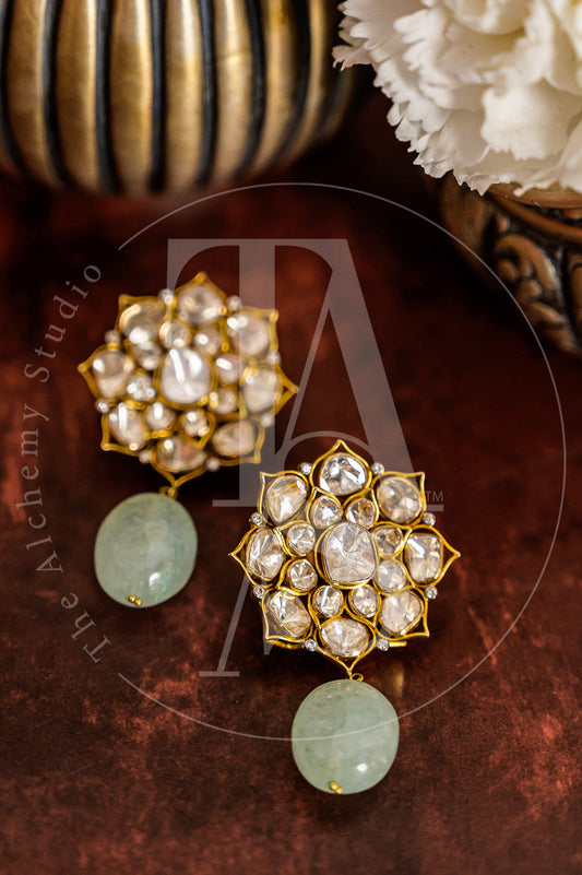 18kt Gold Frida Uncut Diamond Flower Earrings with Russian Emerald
