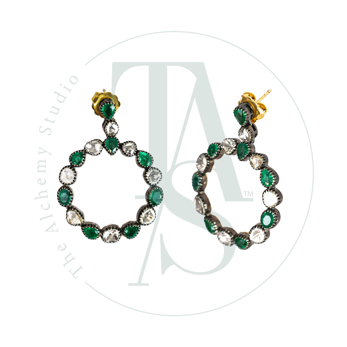 Emerald and Uncut Diamond Hoops
