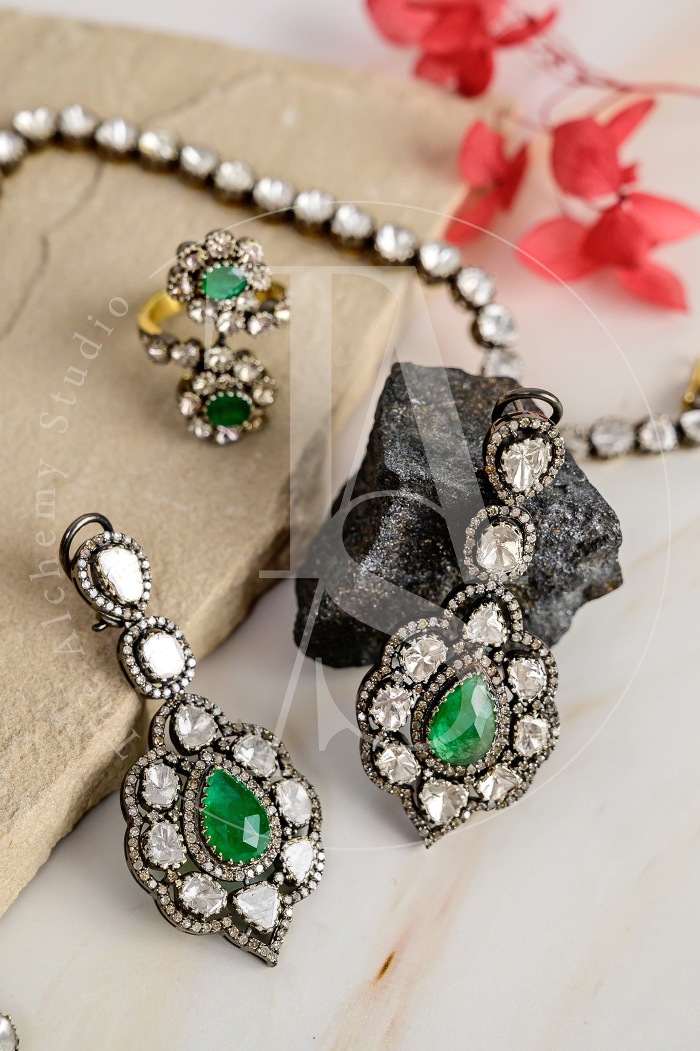Victorian Clara Emerald Uncut Diamond Earrings