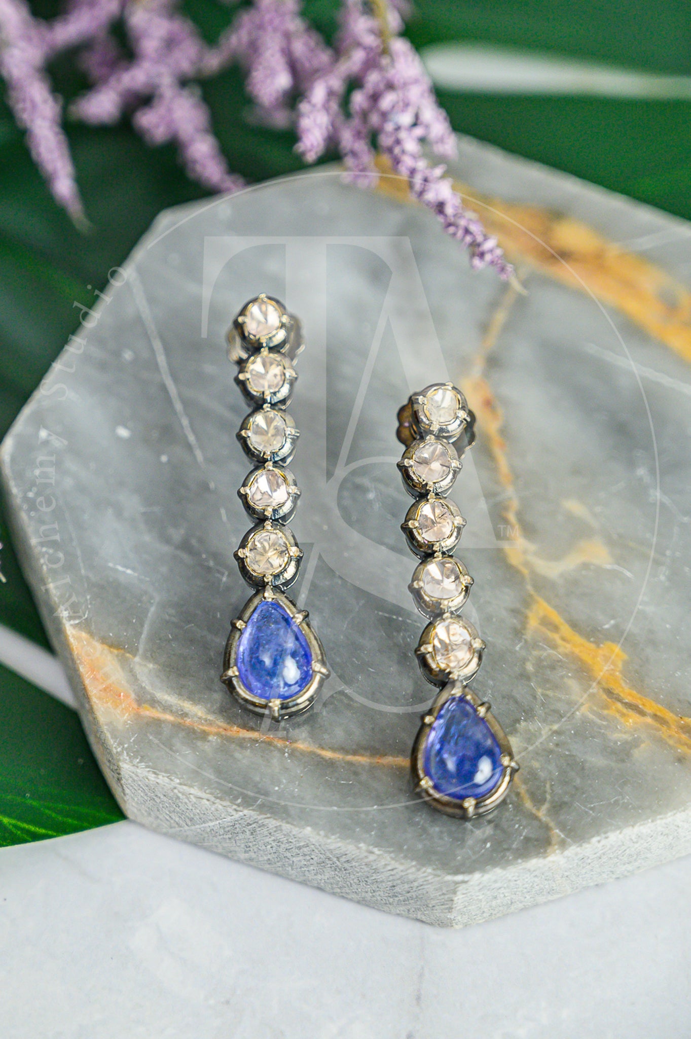 Oralee Tanzanite and Uncut Diamond Collete Earrings