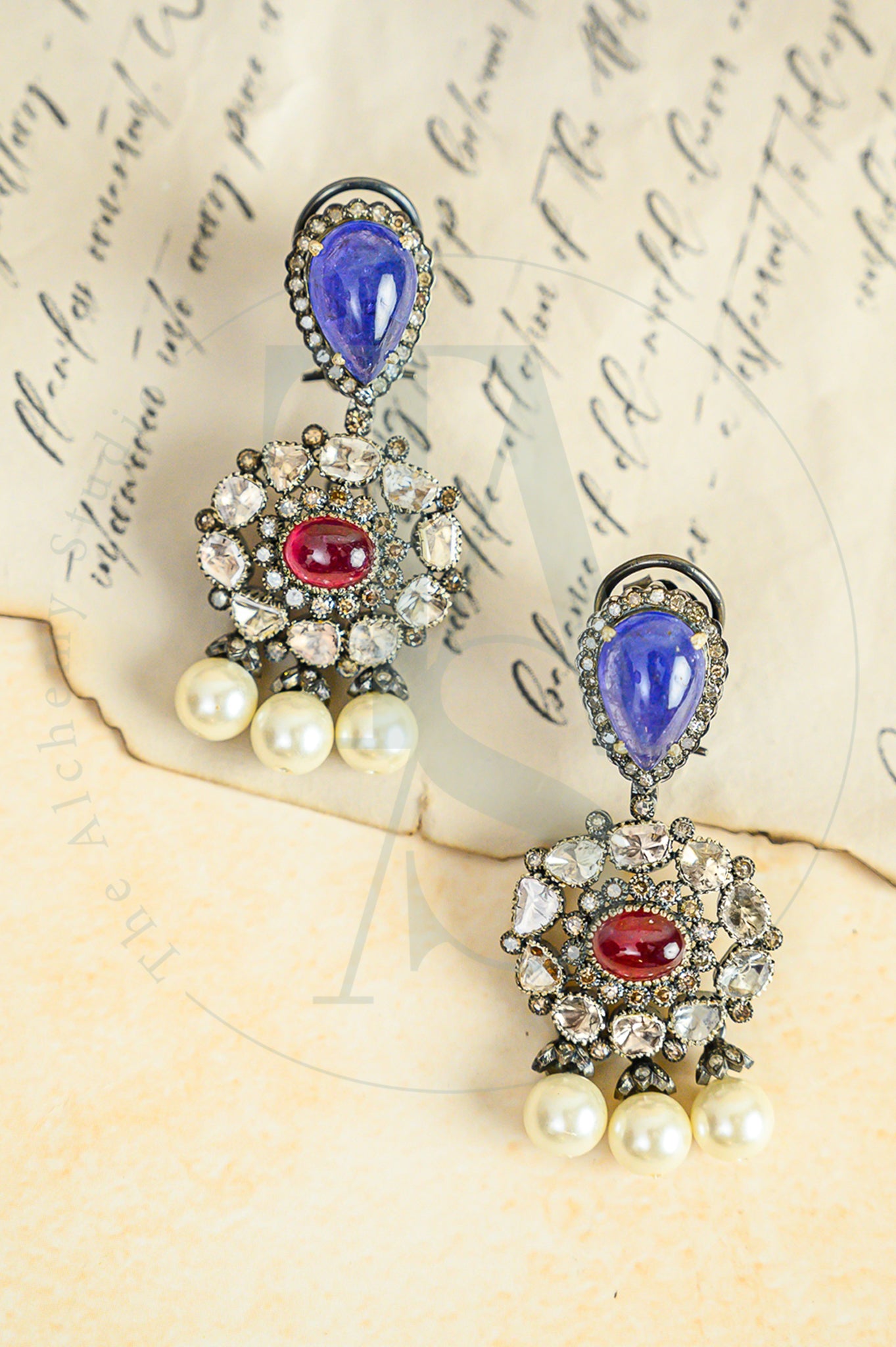 Sayra Tanzanite and Ruby Drop Flower Uncut Diamond Earrings