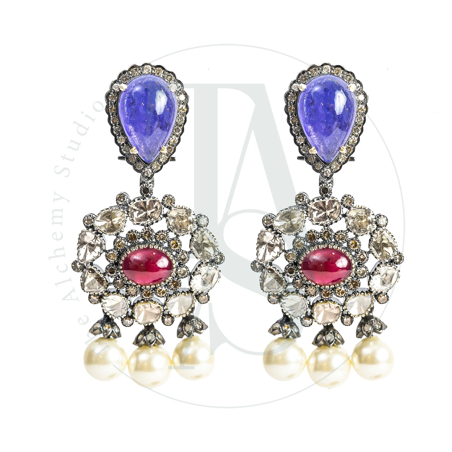 Sayra Tanzanite and Ruby Drop Flower Uncut Diamond Earrings