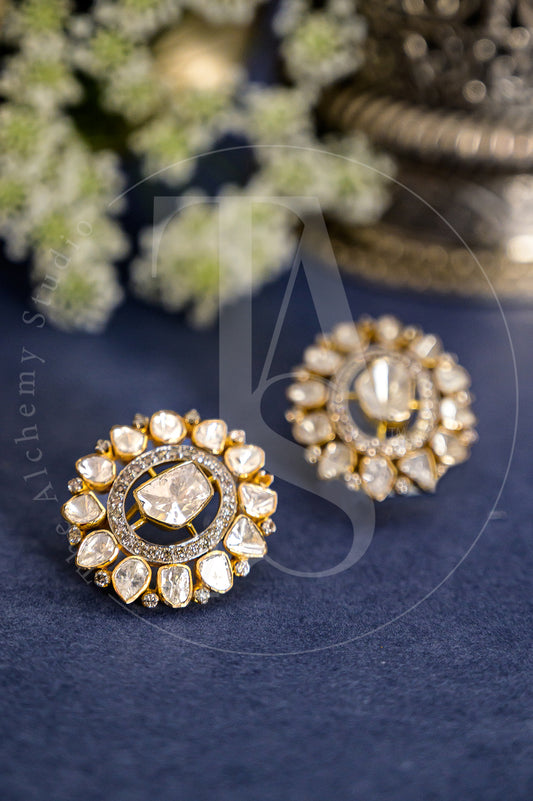 18kt Gold Ruhi Uncut Diamond Oval Flower Earrings