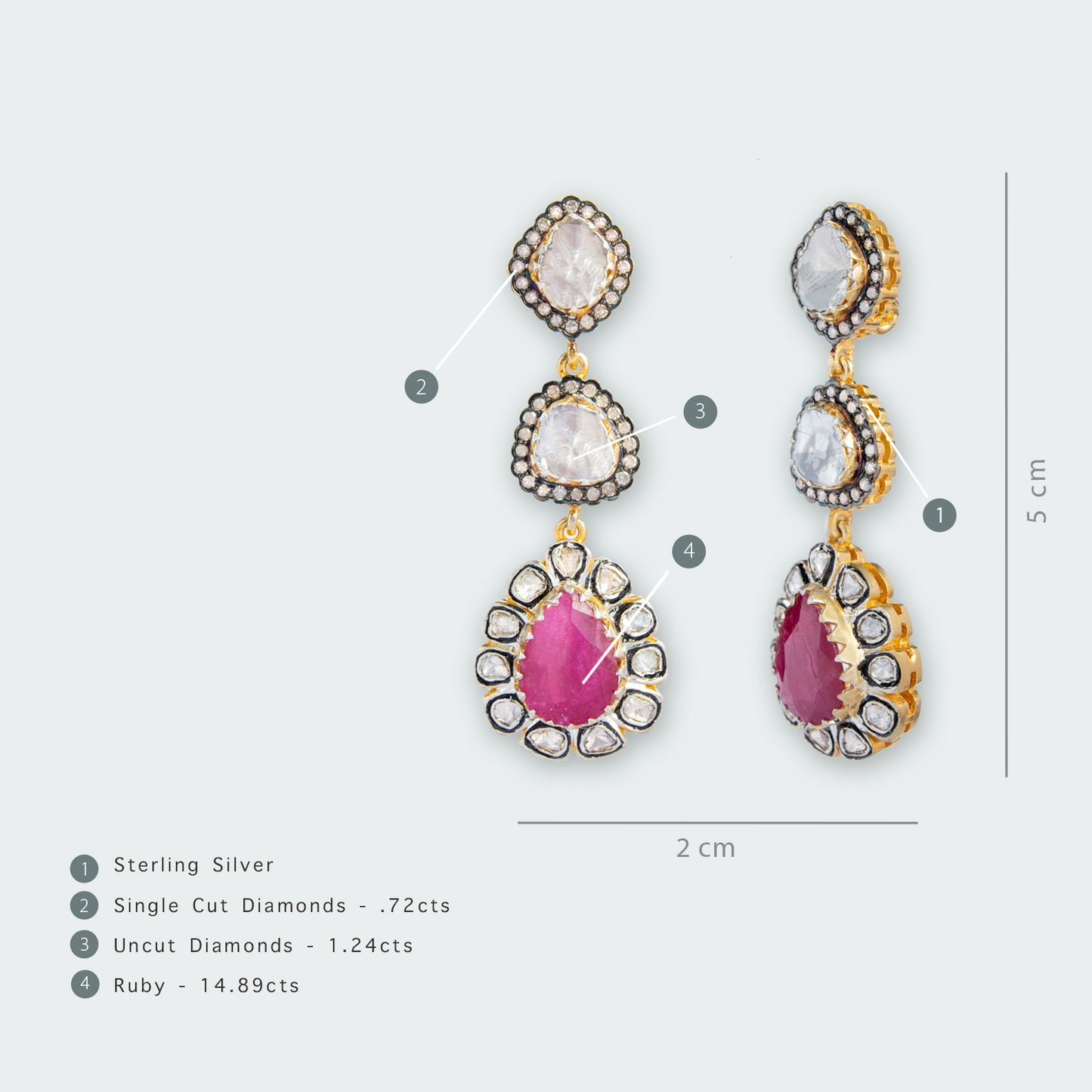 Clara Ruby and Uncut Diamond Dangling Earrings