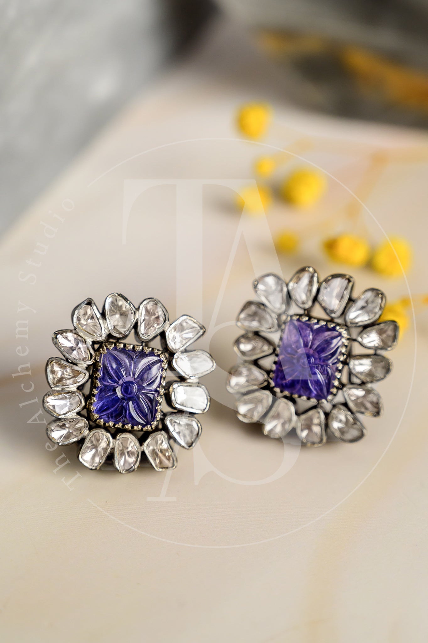 Amara Tanzanite and Uncut Diamond Sqaure Earrings