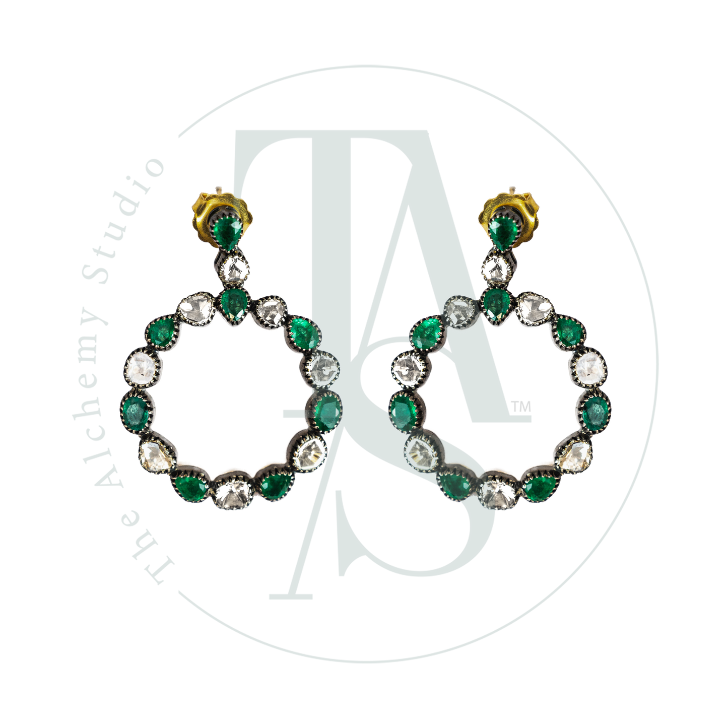Emerald and Uncut Diamond Hoops