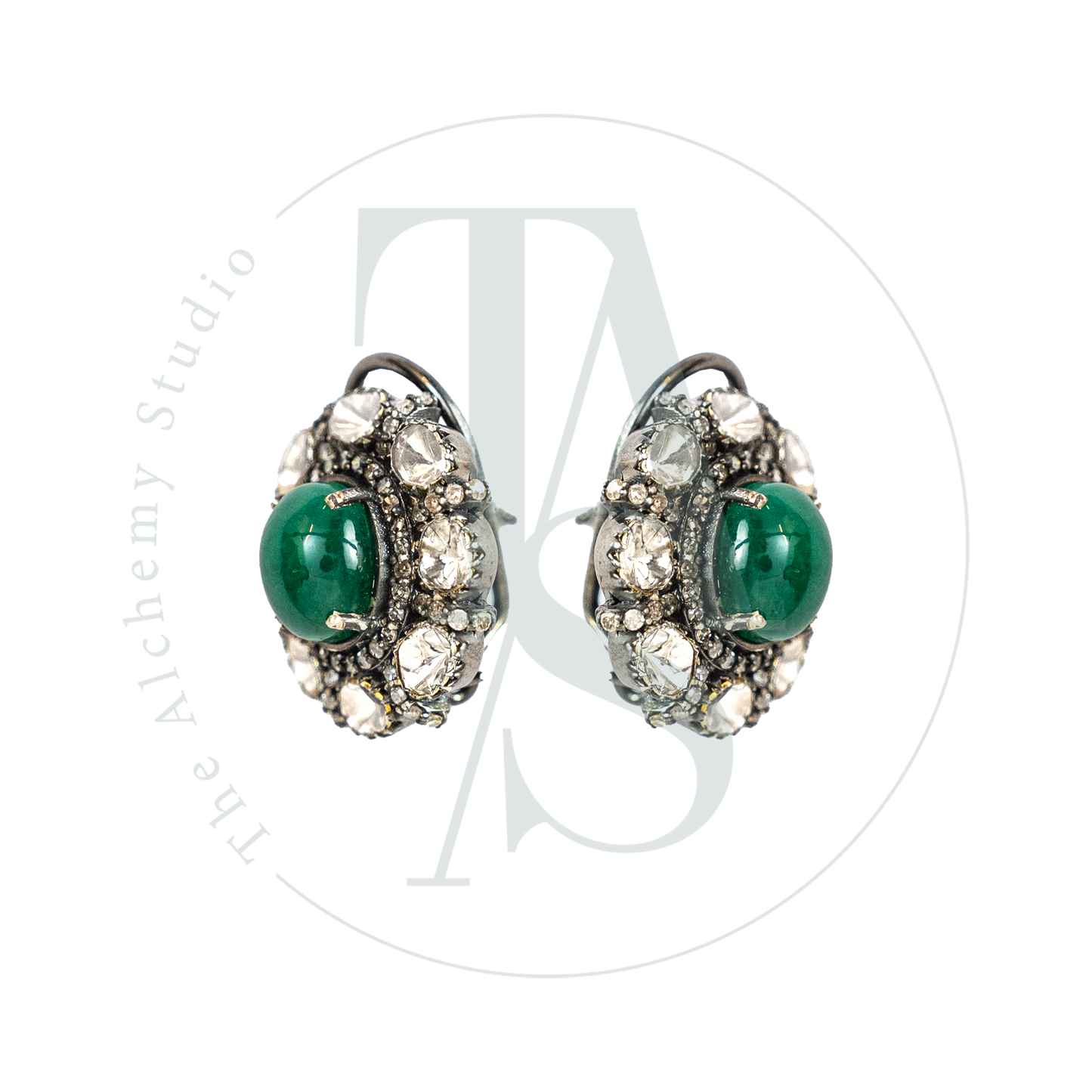 Cabochan Emerald Uncut Diamond Studs