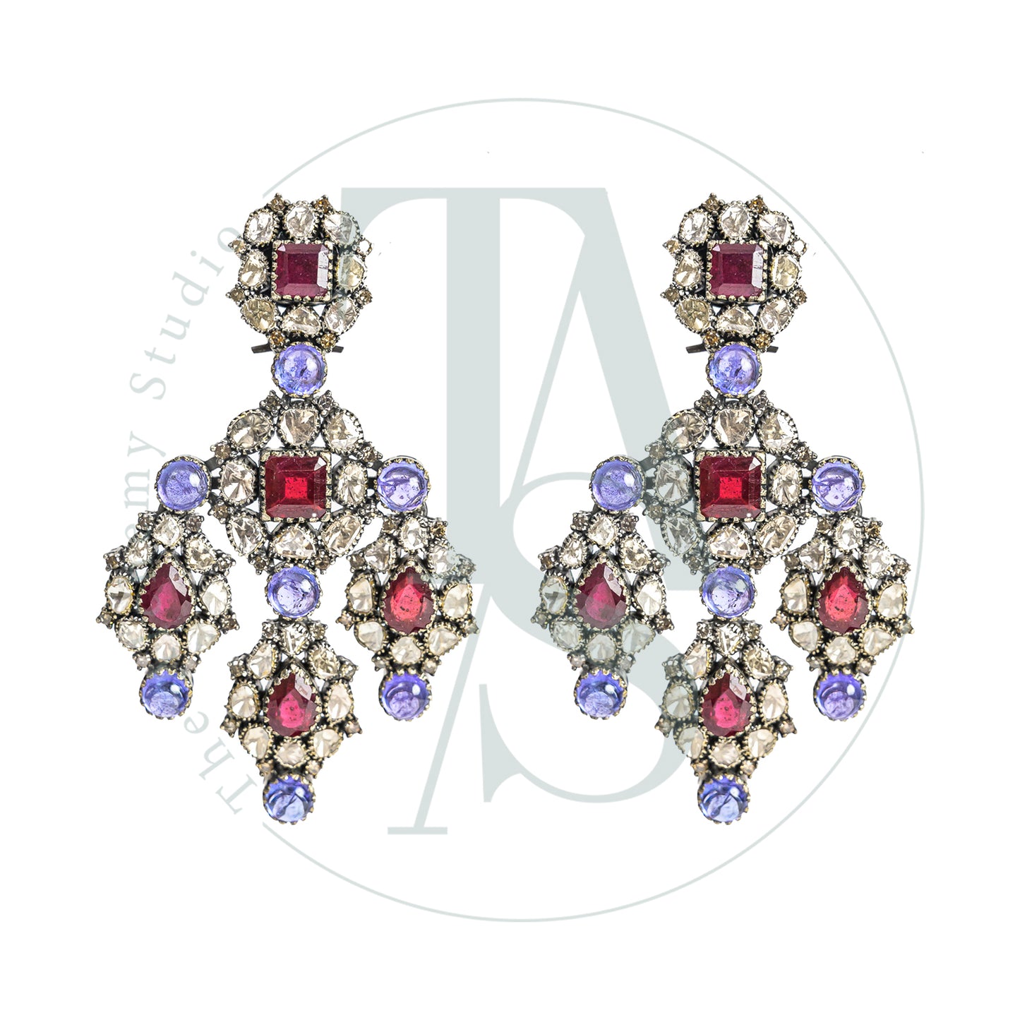 Ruby and Tanzanite Chandelier Uncut Diamond Earrings