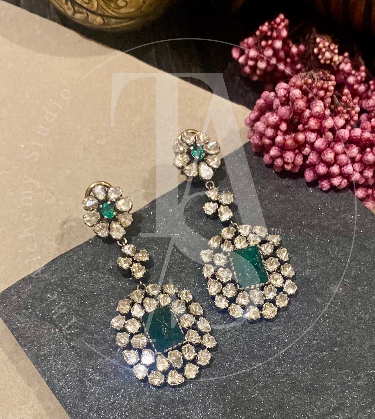 Empress Emerald and Uncut Diamond Earrings
