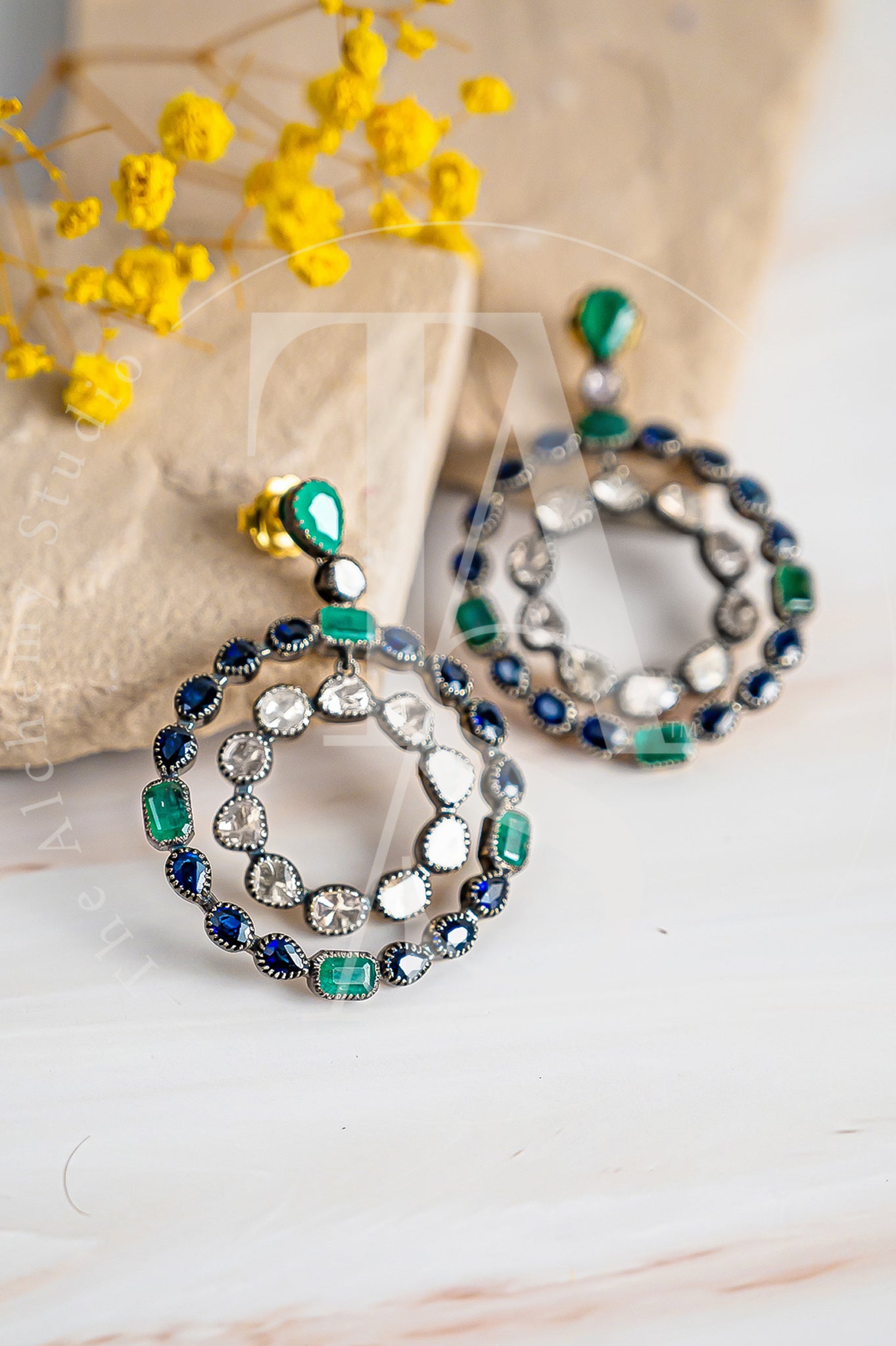 Sapphire and Emerald Uncut Diamond Hoops
