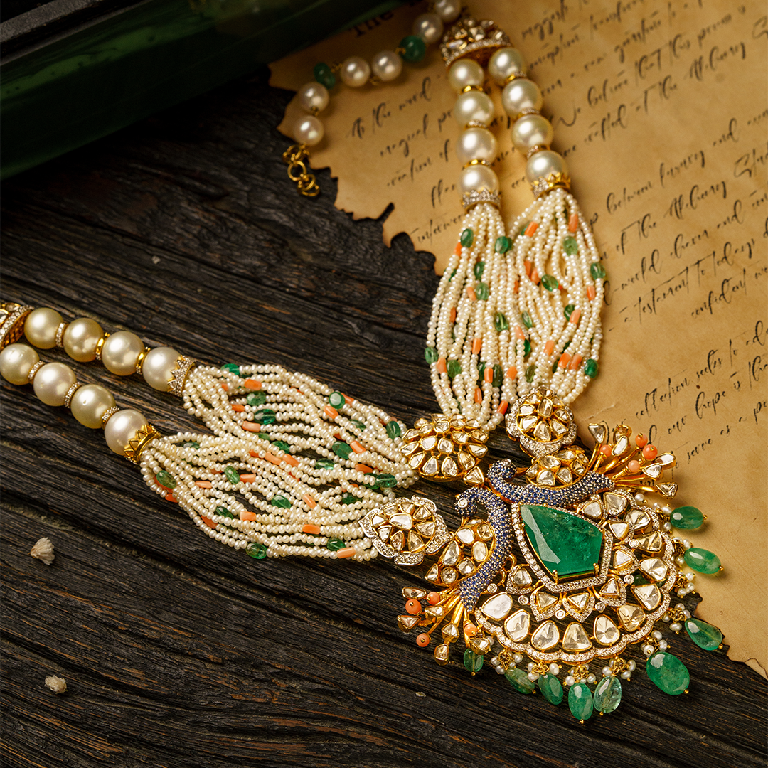 Emerald and Polki diamond gold necklace, traditional luxury handcrafted jewellery for women
