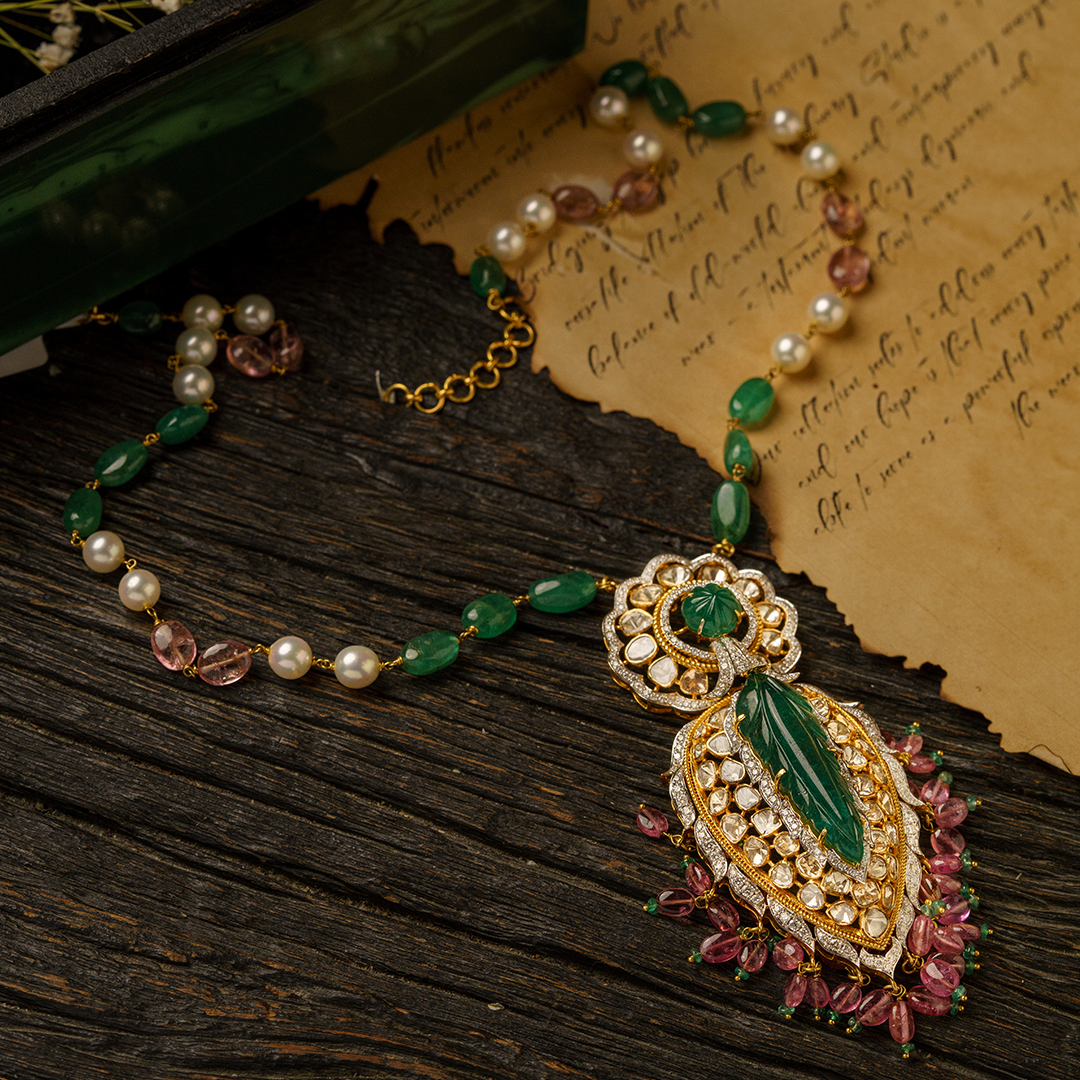 Carved Emerald Drop Polki Pendant