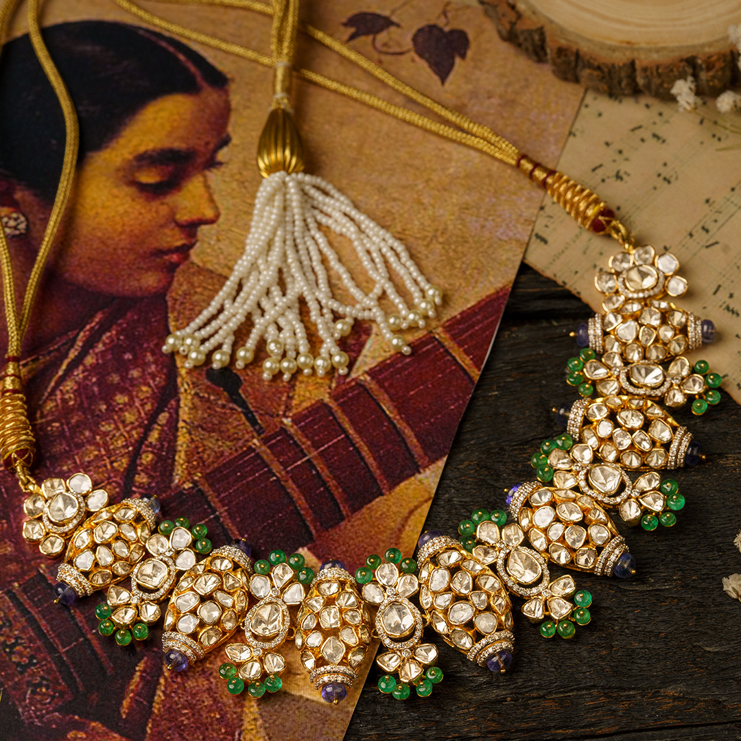 Emerald Polki diamond floral gold necklace, handcrafted luxury traditional jewellery, statement necklace for women