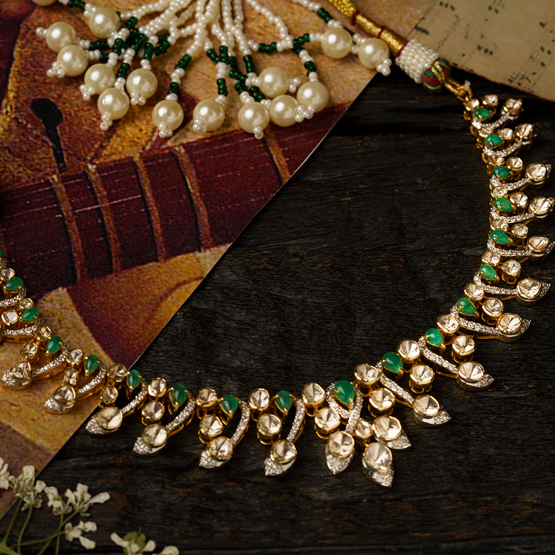 Emerald and Polki diamond gold drop necklace, handcrafted luxury traditional jewellery for women