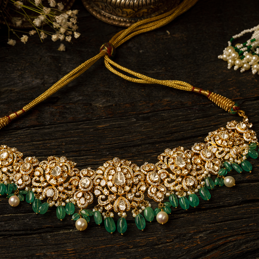 Emerald and Polki diamond gold filigree necklace, luxury handcrafted traditional fine jewellery
