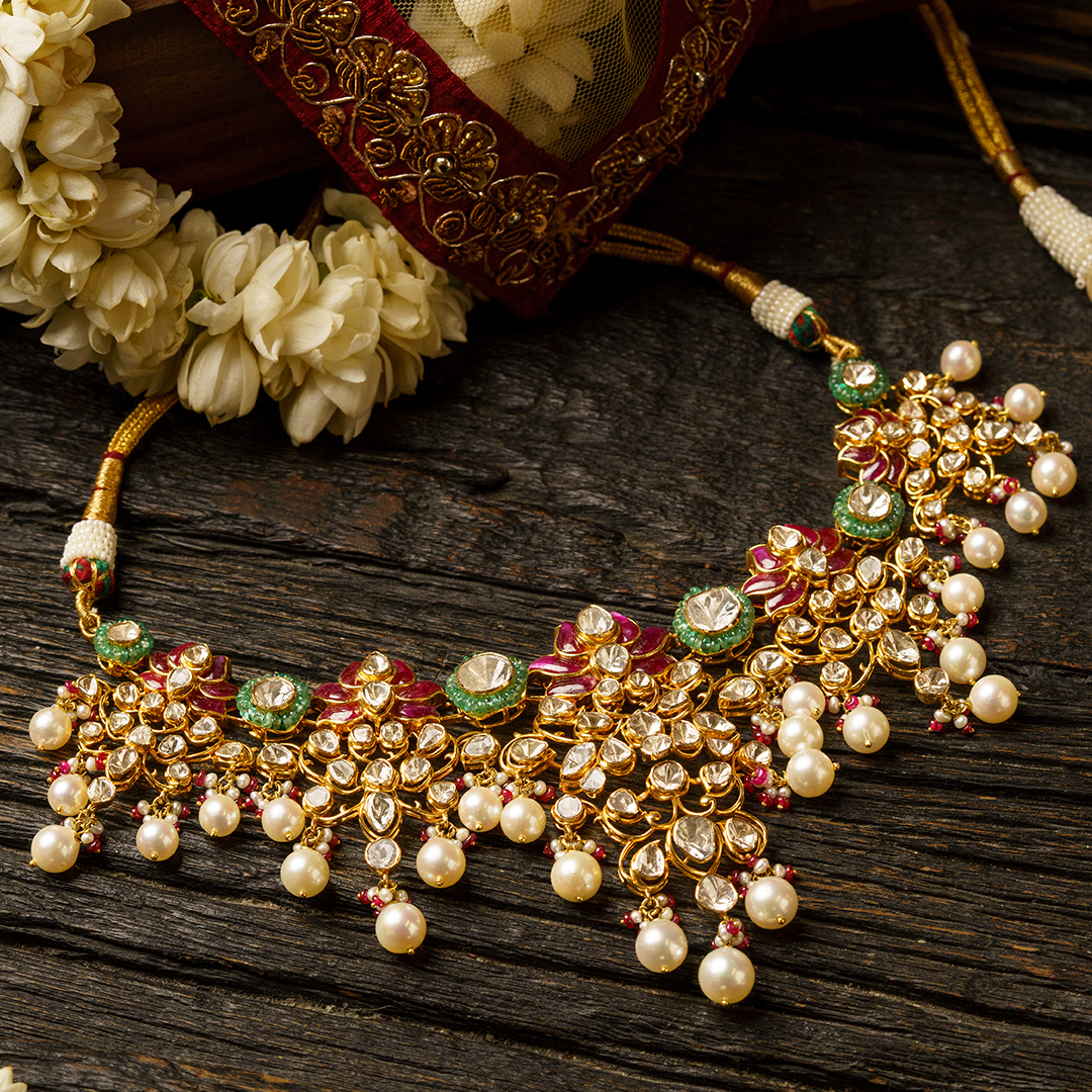 Ruby and emerald Polki diamond gold necklace, luxury handcrafted traditional jewellery, statement necklace