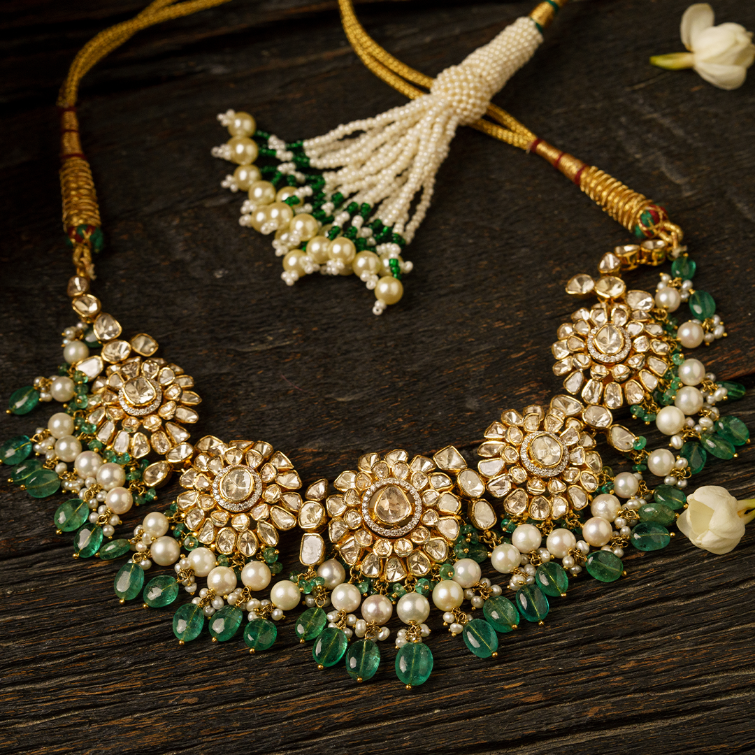 Emerald and Polki diamond gold necklace, handcrafted luxury heritage jewellery for women