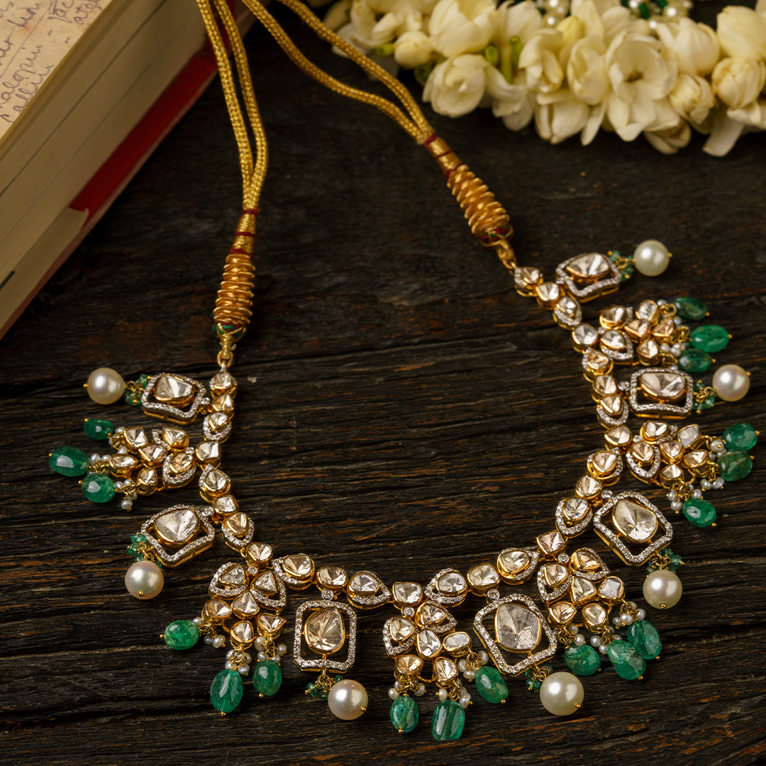 Emerald and Polki diamond gold necklace, luxury handcrafted traditional fine jewellery for women