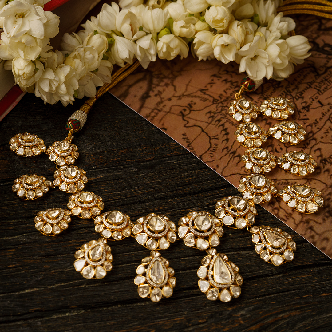 Dual-flower Polki diamond gold necklace, traditional luxury handcrafted jewellery for women