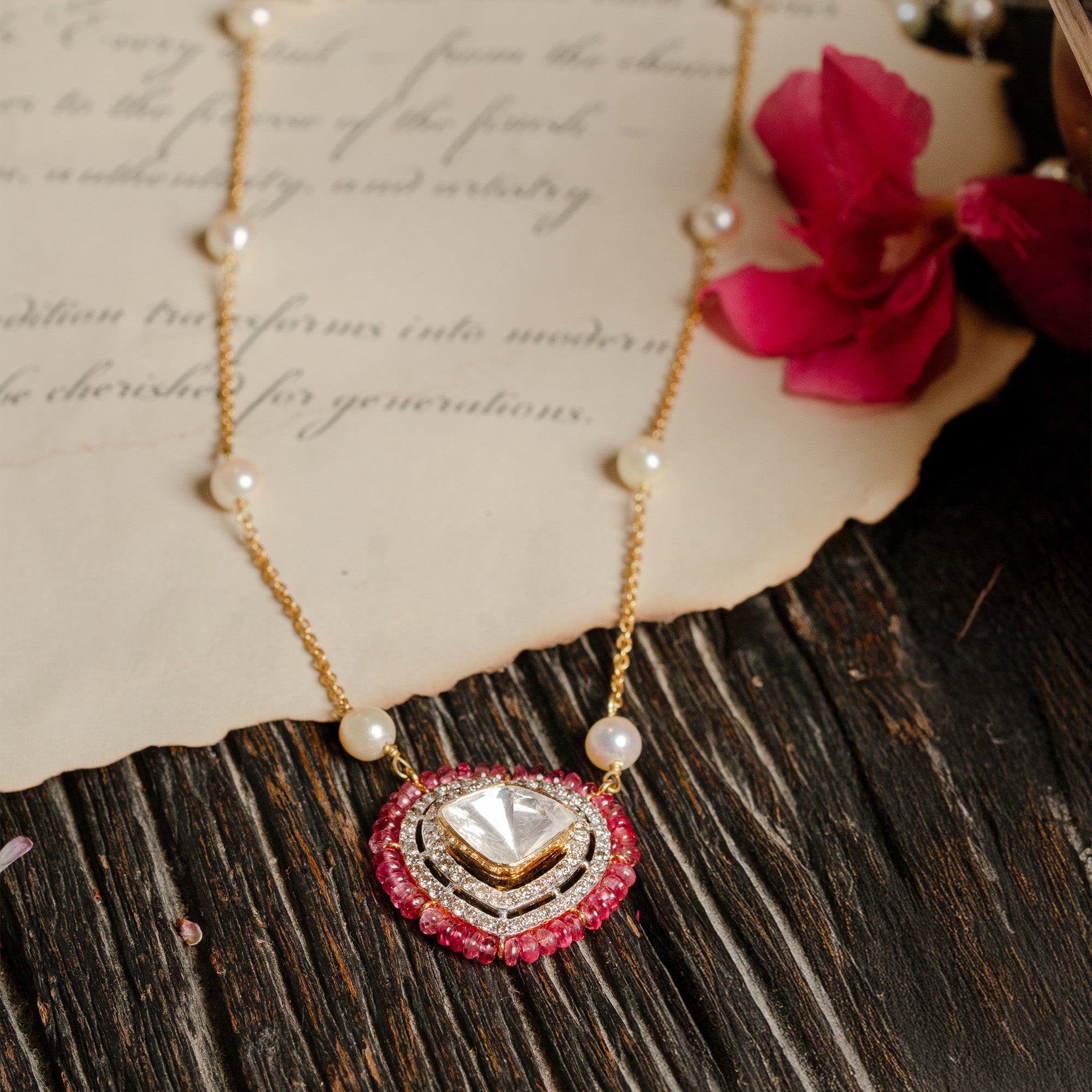 Ruby Polki diamond gold pendant, luxury handcrafted traditional jewellery, statement pendant for women