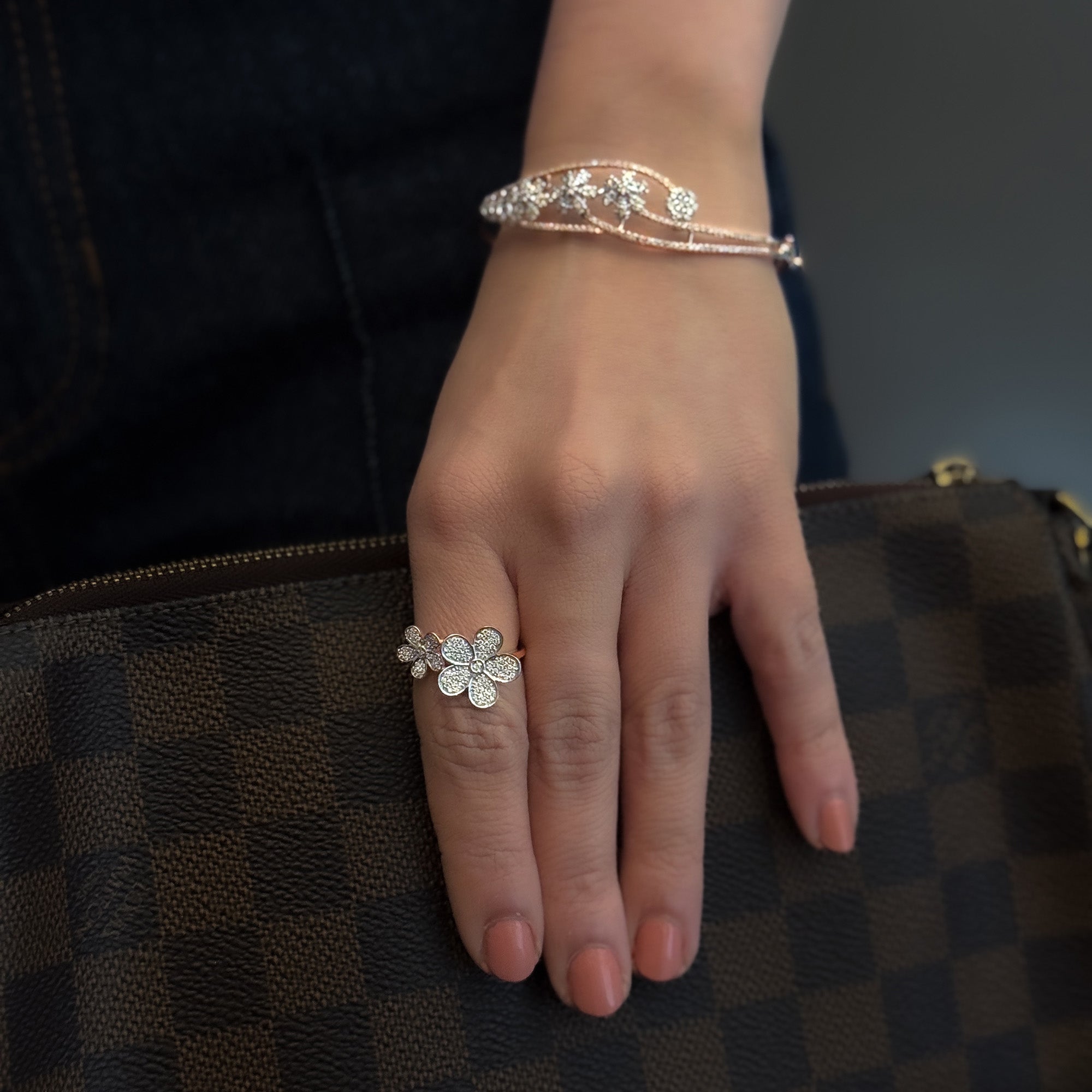 Floral dual diamond gold ring, luxury handcrafted fine jewellery, statement ring