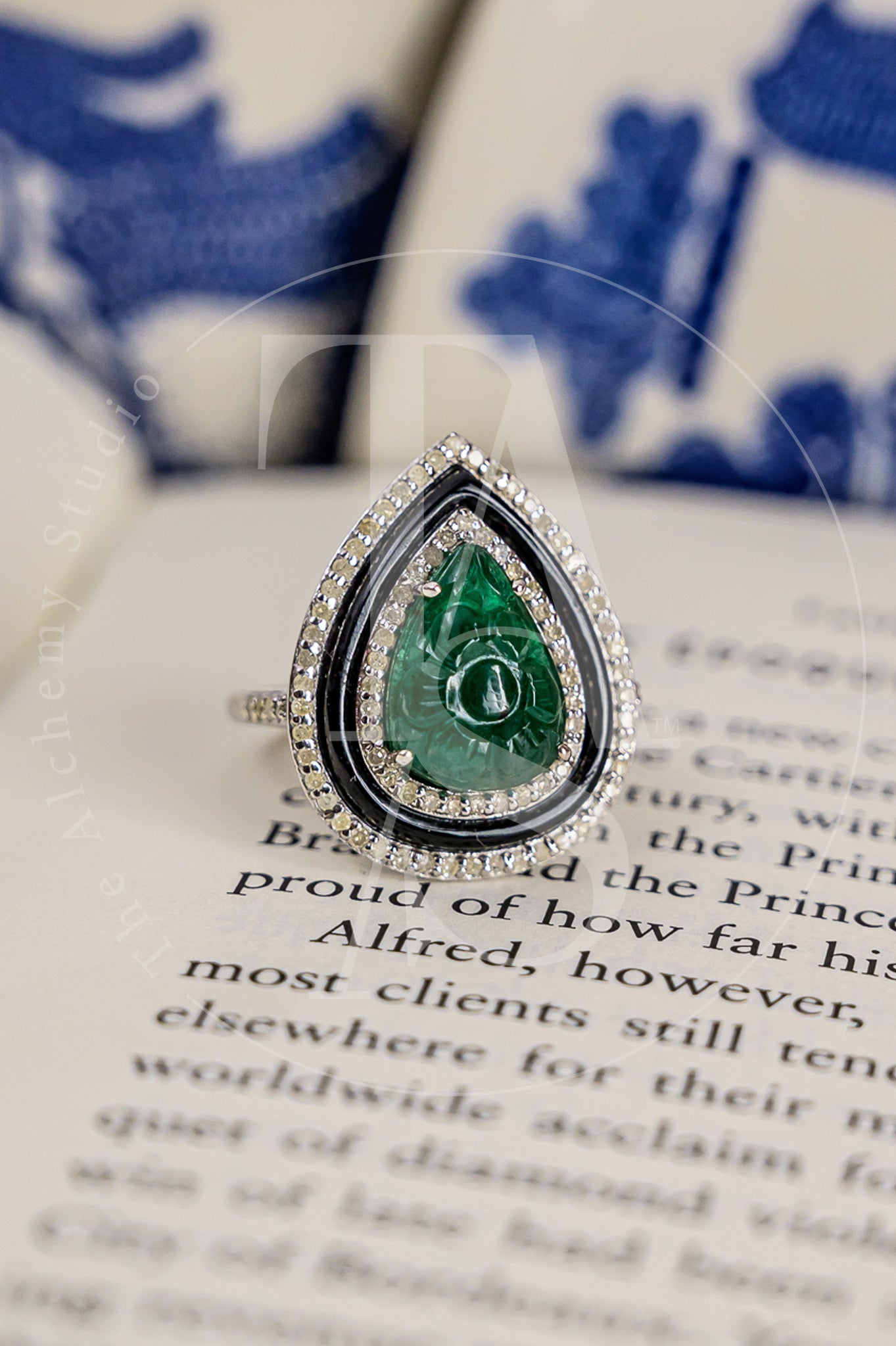 Ira Carved Emerald and Diamond Ring
