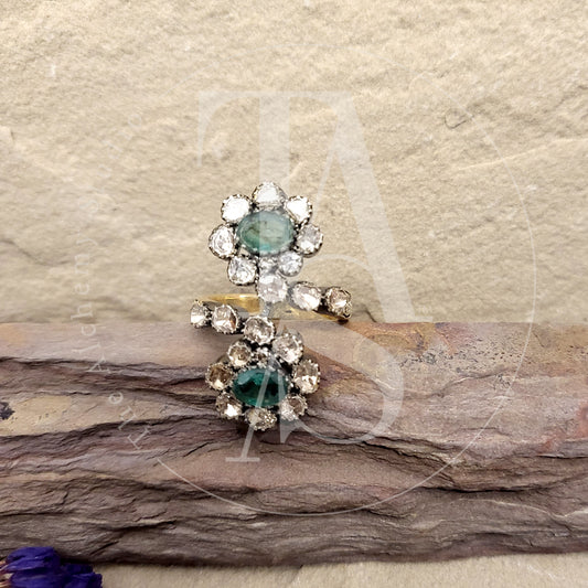 Adella Emerald Two Flower Uncut Diamond Ring