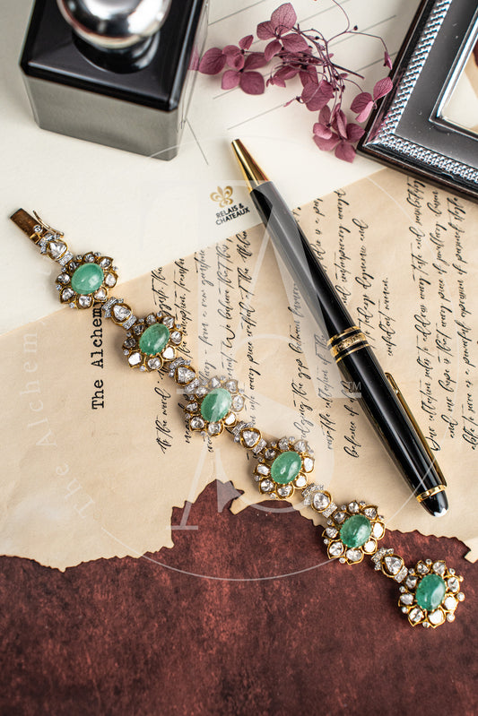 18kt Gold Naima Emerald and Uncut Diamond Bracelet